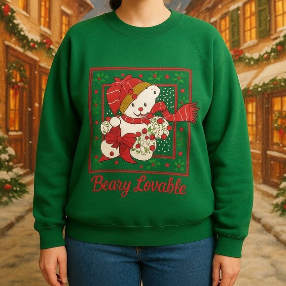Vintage 90's Christmas Sweatshirt Beary Lovable Women XL Green USA Ugly Sweater - Picture 1 of 12